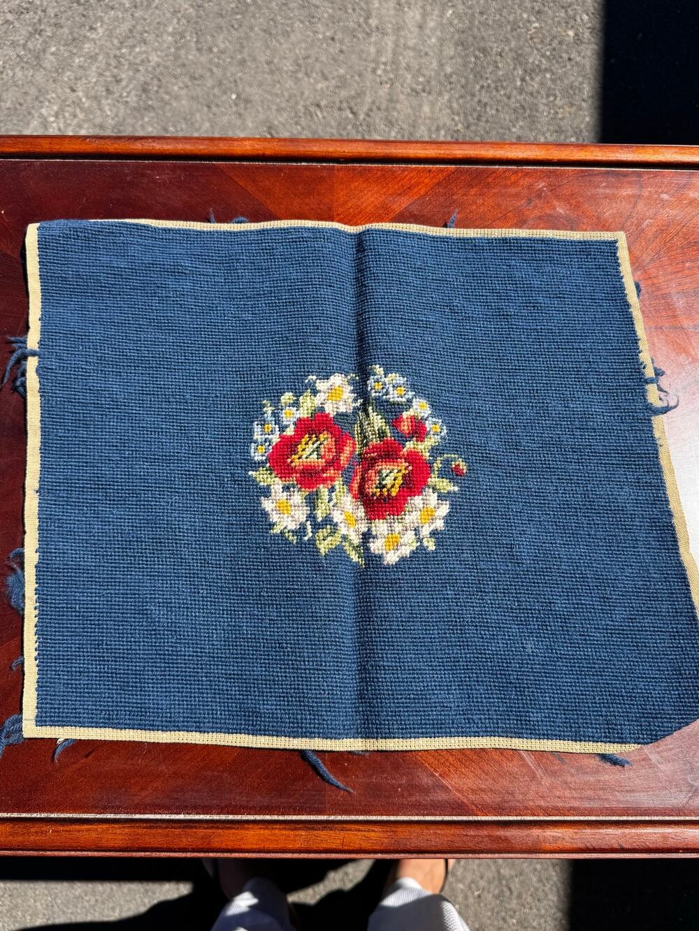 vintage blue needlepoint canvas central floral bouquet red white flowers pretty